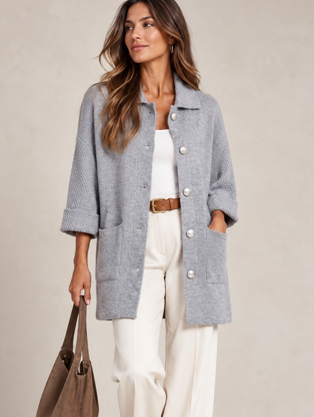 NWT GIOVANNA TRICOT Italy Wool Blend Oversized Longline Cardigan Sweater Grey M